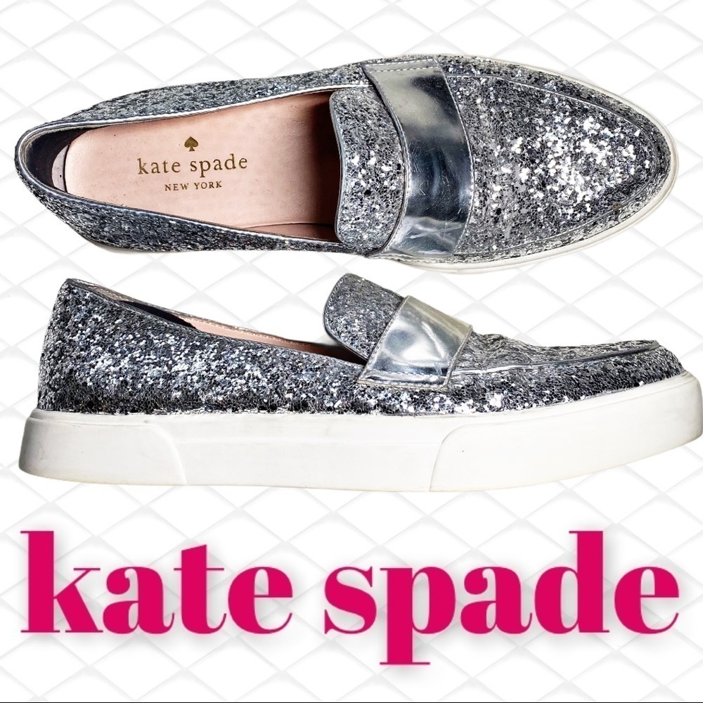 KATE‎ SPADE Clove Silver Glitter Slip On Platform Loafer Sneakers, Size 5.5